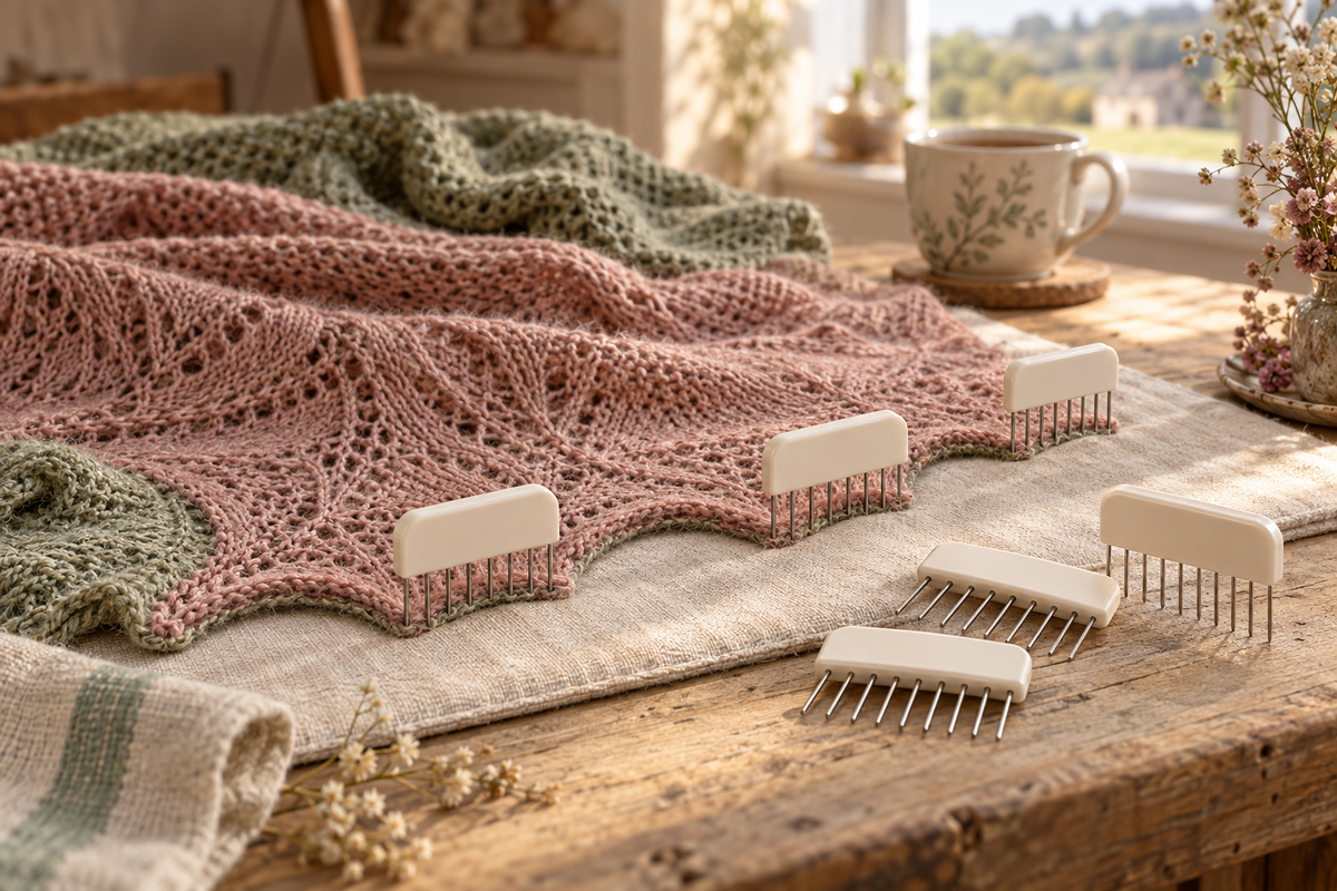 Knit blockers bij gebreid werk in een warme landelijke sfeer